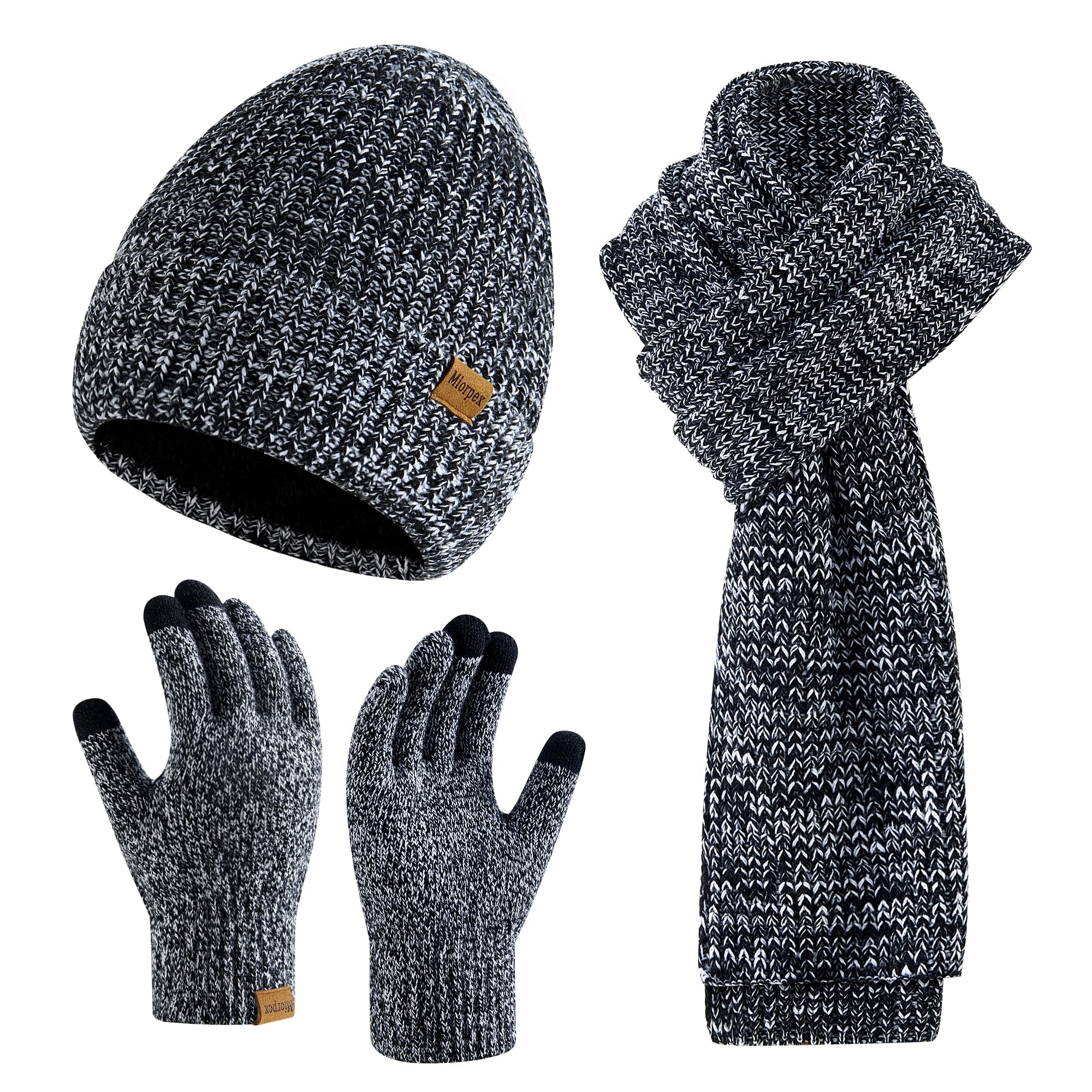 Mens Winter Beanie Hat Touchscreen Gloves Long Scarf 3 Set with Warm Fleece Lined Knit Cap Scarves for Men Women